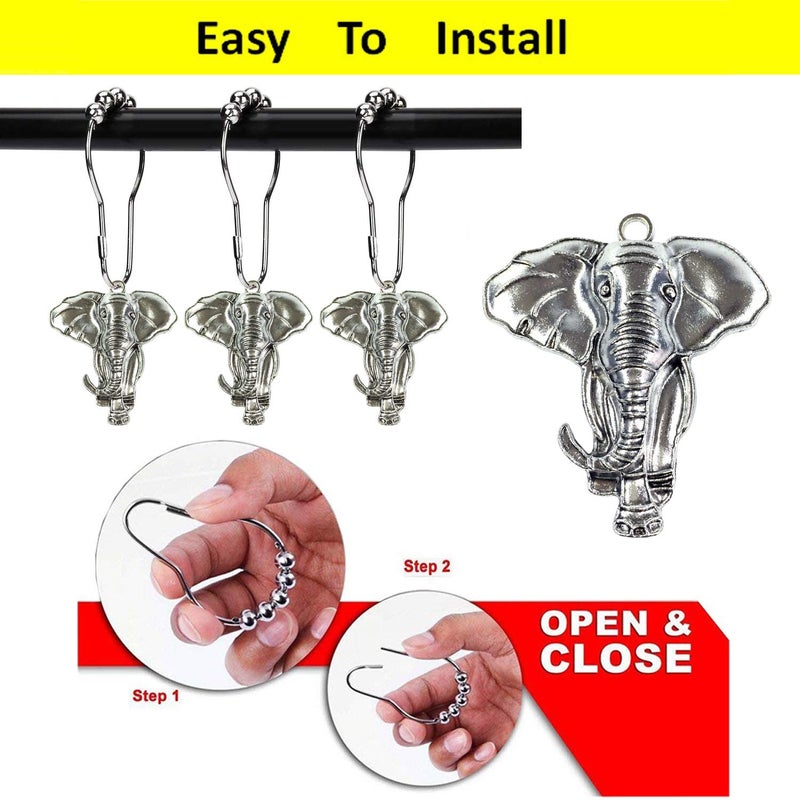 ZILucky Set of 12 Realistic Elephant Shower Curtain Hooks Decorative Home Bathroom Stainless Steel Rustproof Shower Curtain Rings Decor Accessories (Silver) - Image 5